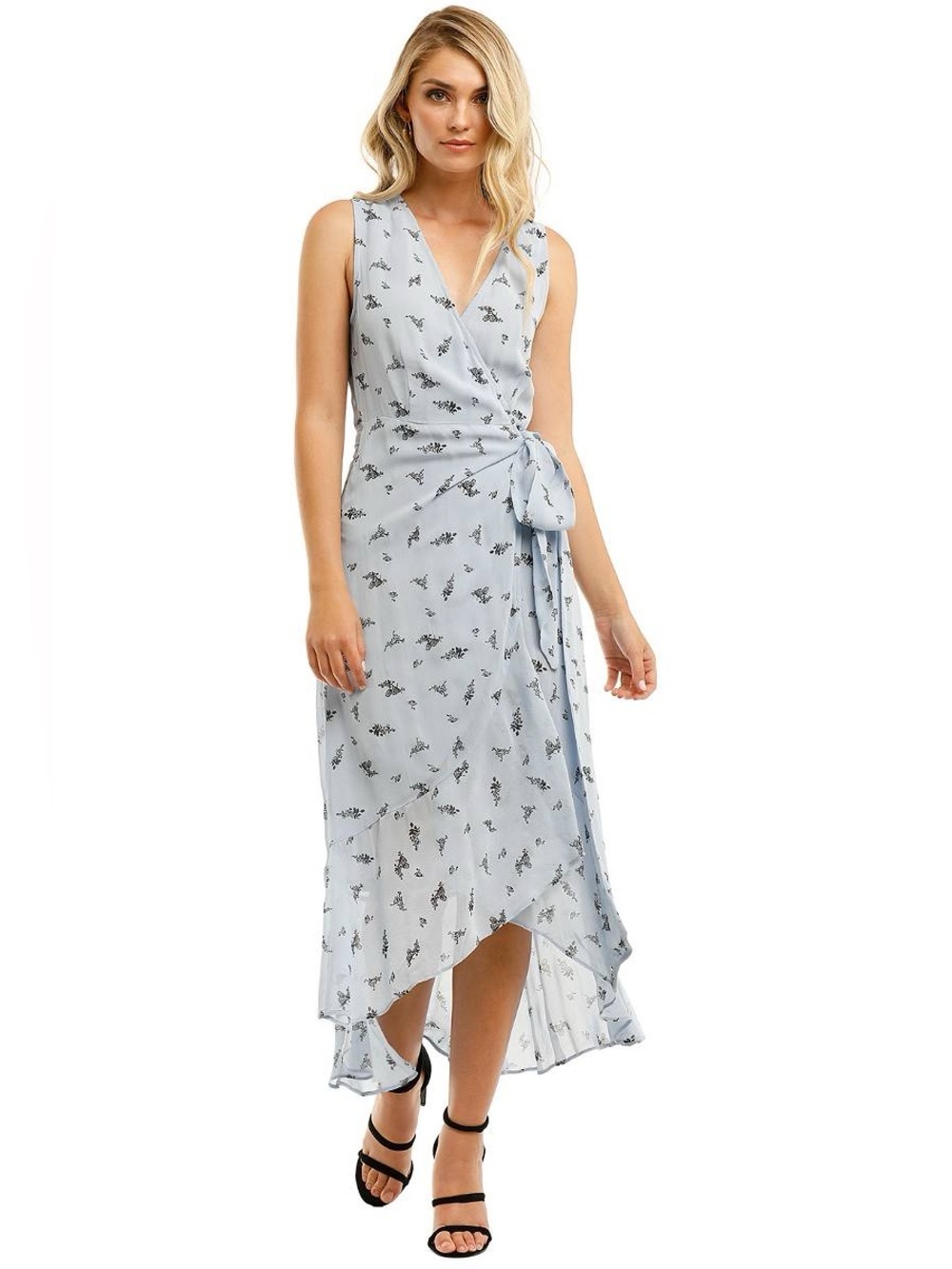 GANNI Blue Floral Wrap Maxi Dress Size 38 Light Blue Sleeveless Ruffle Hem